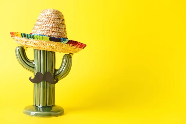 Kaktus Mustasch Och Sombrero Hatt Färg Bakgrund — Stockfoto