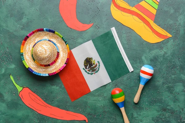 Összetétel Mexikói Szimbólumokkal Színes Háttéren — Stock Fotó