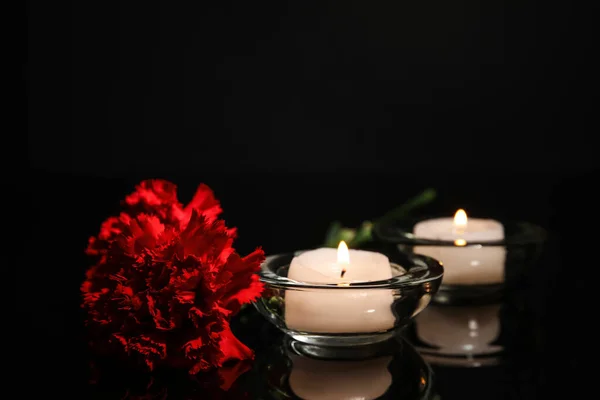 Burning Candles Carnation Flower Dark Background — Stock Photo, Image