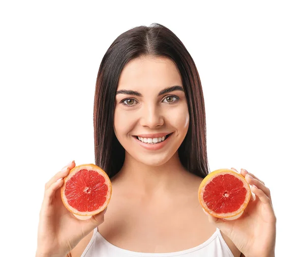 Krásná Mladá Žena Grapefruitem Bílém Pozadí — Stock fotografie