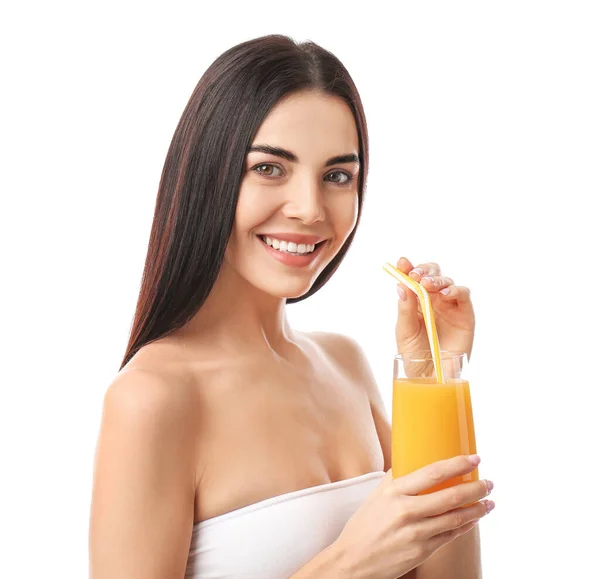 Beautiful Young Woman Orange Juice White Background — Stock Photo, Image