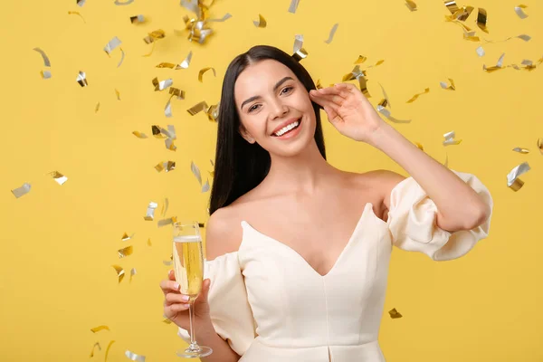 Beautiful Woman Glass Champagne Falling Confetti Color Background — Stock Photo, Image