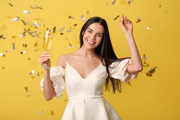 Beautiful Woman Glass Champagne Falling Confetti Color Background — Stock Photo, Image