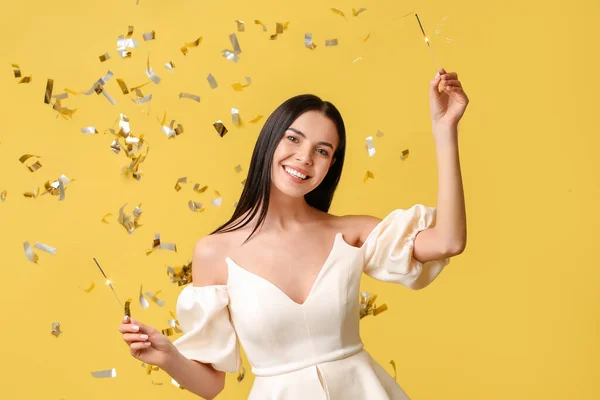 Beautiful Young Woman Falling Confetti Color Background — Stock Photo, Image