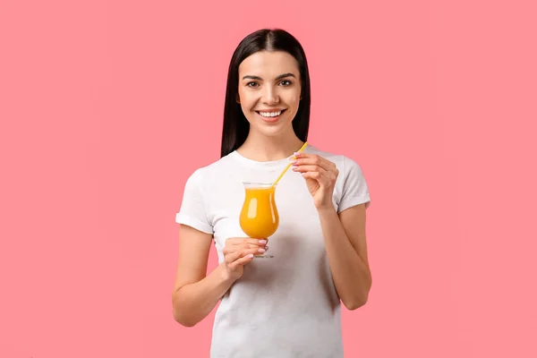 Beautiful Young Woman Orange Juice Color Background — Stock Photo, Image