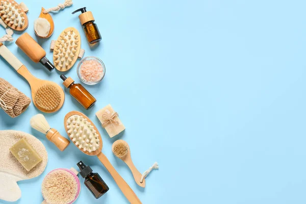 Composition Massage Brushes Bath Supplies Color Background — Stock Photo, Image