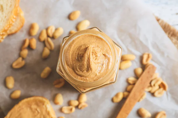 Jar Bread Tasty Peanut Butter Light Background — Stock Photo, Image
