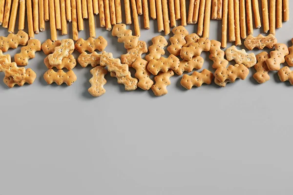 Tasty Different Crackers Light Background — Stock Photo, Image