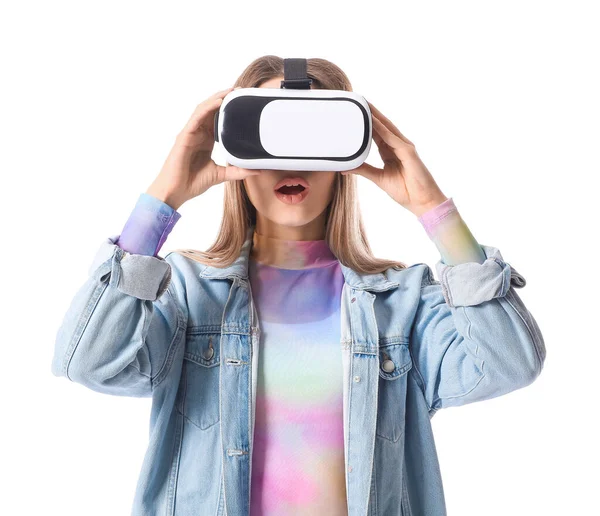 Mujer Joven Con Gafas Realidad Virtual Sobre Fondo Blanco —  Fotos de Stock