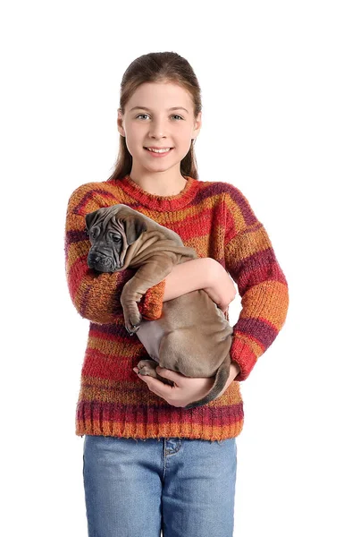 Schattig Meisje Met Puppy Witte Achtergrond — Stockfoto