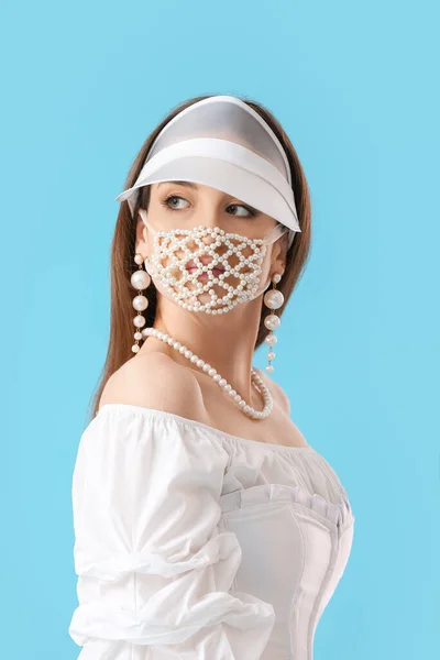 Fashionable Young Woman Wearing Mask Color Background — Stock Photo, Image