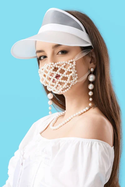 Fashionable Young Woman Wearing Mask Color Background — Stock Photo, Image