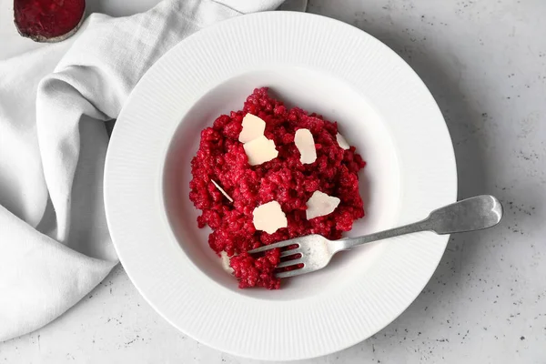 Plate Tasty Beet Risotto Light Background — Stock Photo, Image