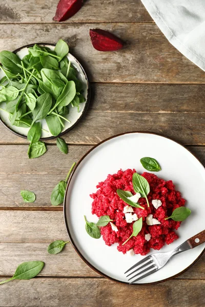 Plate Tasty Beet Risotto Wooden Background — Stock Photo, Image