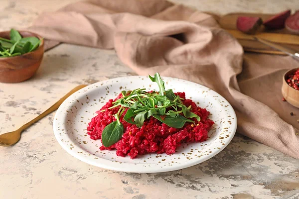 Plate Tasty Beet Risotto Grunge Background — Stock Photo, Image