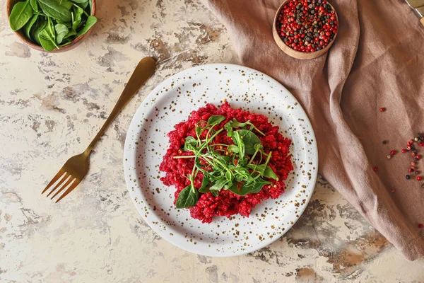 Plate Tasty Beet Risotto Grunge Background — Stock Photo, Image