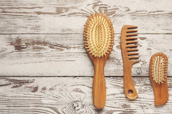 Hair Comb Brushes White Wooden Background — Stock Photo, Image