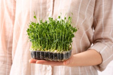 Taze mikro yeşili olan kadın, yakın plan.