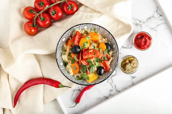 Bowl Couscous Vegetables Light Background — Stock Photo, Image