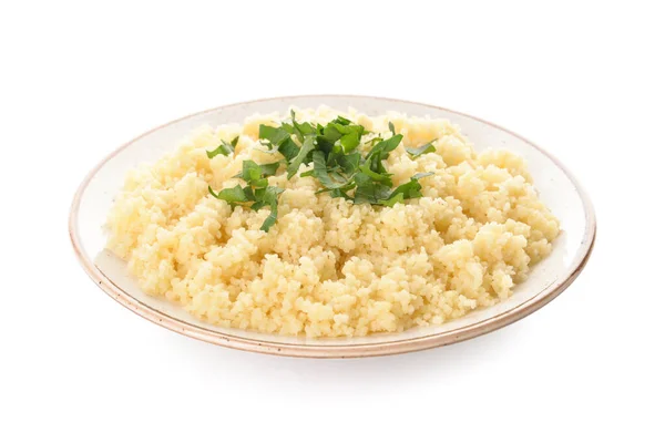 Plate Tasty Couscous Parsley White Background — Stock Photo, Image