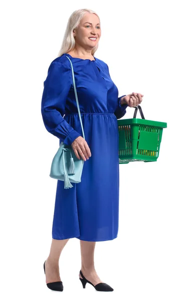 Gammal Kvinna Med Shoppingkorg Vit Bakgrund — Stockfoto
