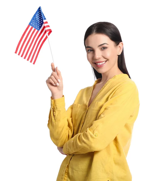 Mulher Bonita Com Bandeira Dos Eua Fundo Branco — Fotografia de Stock