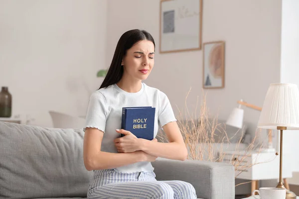 Praying Young Woman Home — Stock Photo, Image