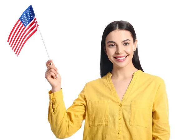 Mooie Jonge Vrouw Met Usa Vlag Witte Achtergrond — Stockfoto