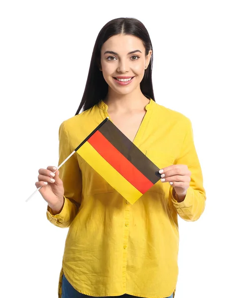 Hermosa Joven Con Bandera Alemania Sobre Fondo Blanco — Foto de Stock