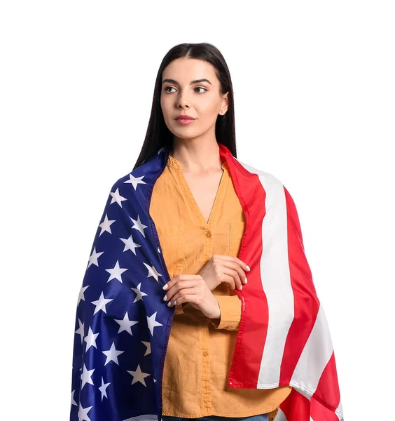 Jonge Vrouw Met Usa Vlag Witte Achtergrond Memorial Day Viering — Stockfoto