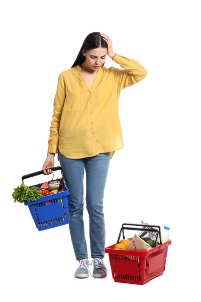 Displeased Young Woman Shopping Baskets White Background — Stock Photo, Image
