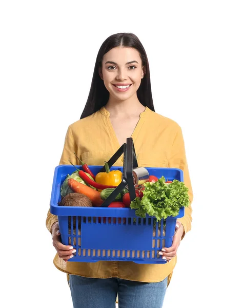 Young Woman Shopping Basket White Background — Stock Photo, Image