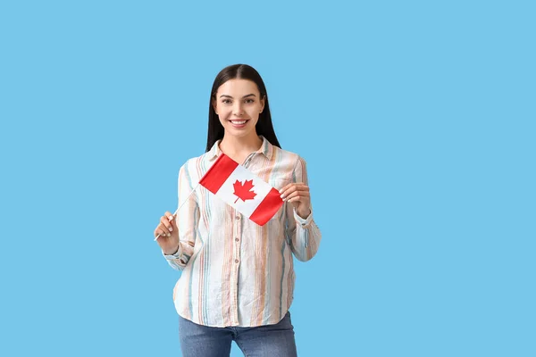 Beautiful Young Woman Canadian Flag Color Background — Stock Photo, Image