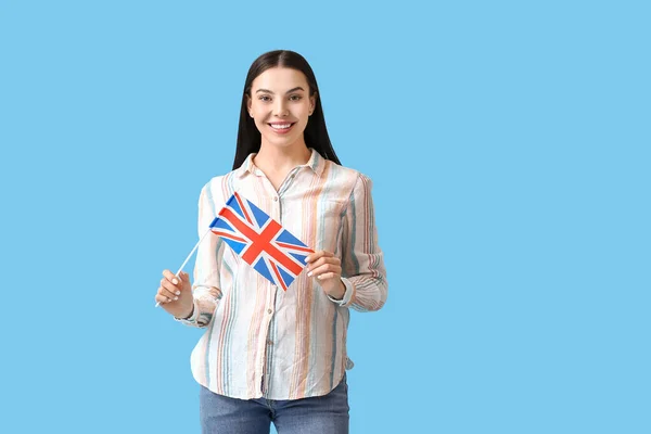 Belle Jeune Femme Avec Drapeau Grande Bretagne Sur Fond Couleur — Photo