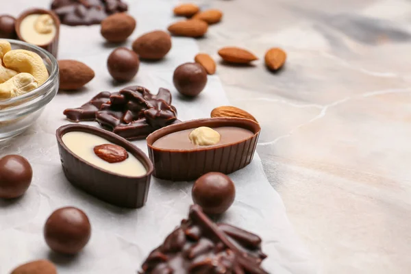 Différents Bonbons Chocolat Sur Fond Grunge Gros Plan — Photo