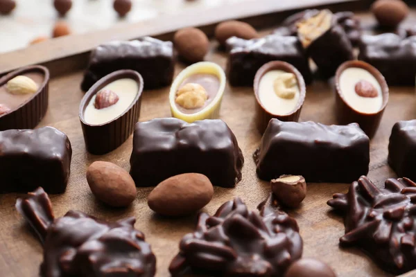 Tray Tasty Chocolate Candies Closeup — Stock Photo, Image