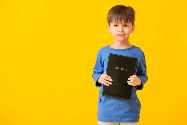 Kleiner Junge Mit Bibel Auf Farbigem Hintergrund — Stockfoto