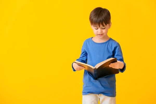 Kleiner Junge Mit Bibel Auf Farbigem Hintergrund — Stockfoto