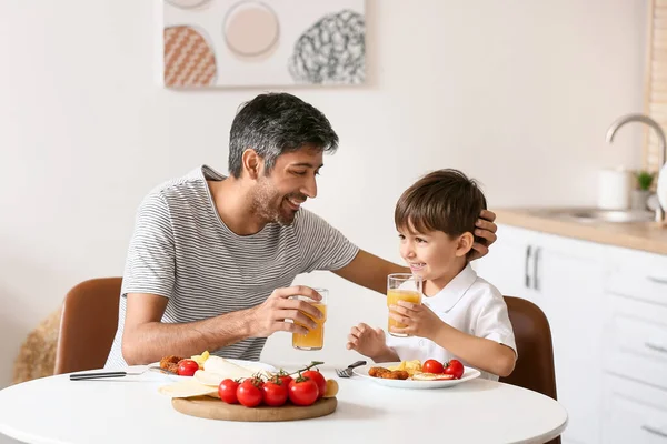 Father His Little Son Having Breakfast Kitchen — Stock Photo, Image