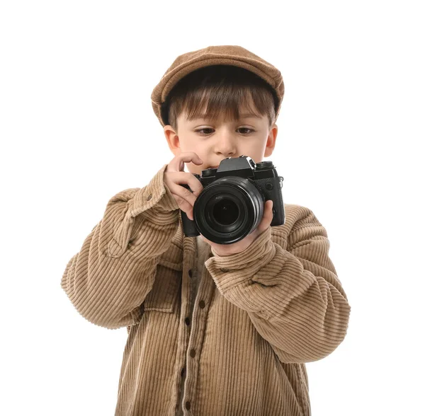 Симпатичный Маленький Фотограф Белом Фоне — стоковое фото