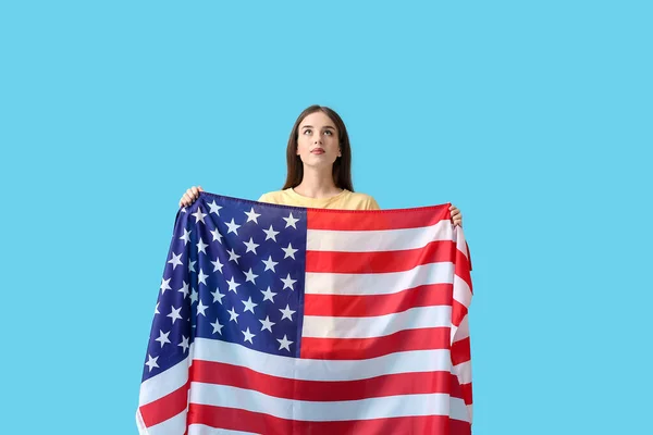 Young Woman Usa Flag Color Background Memorial Day Celebration — Stock Photo, Image