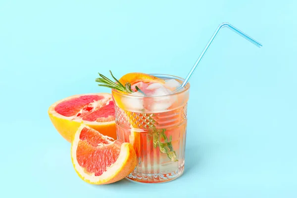 Glas Leckere Grapefruit Limonade Auf Farbigem Hintergrund — Stockfoto