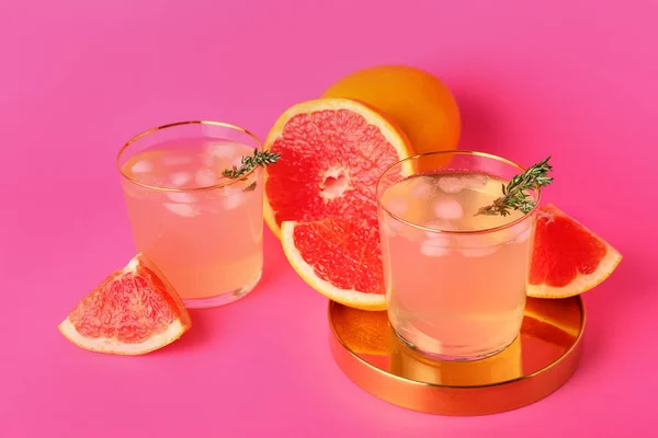 Glasses Tasty Grapefruit Lemonade Color Background — Stock Photo, Image