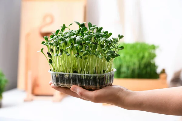 Woman with fresh micro green at home