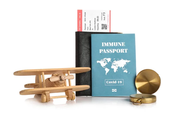 Travel Supplies Immune Passport White Background — Stock Photo, Image
