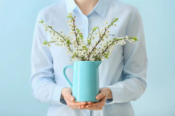 Woman Jug Beautiful Blooming Branches Color Background — Stock Photo, Image