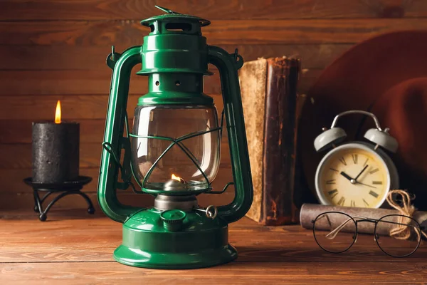Stylish Retro Lamp Alarm Clock Eyeglasses Wooden Background — Stock Photo, Image