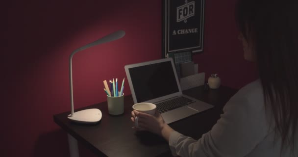 Young Woman Working Laptop Table Evening — Stock Video