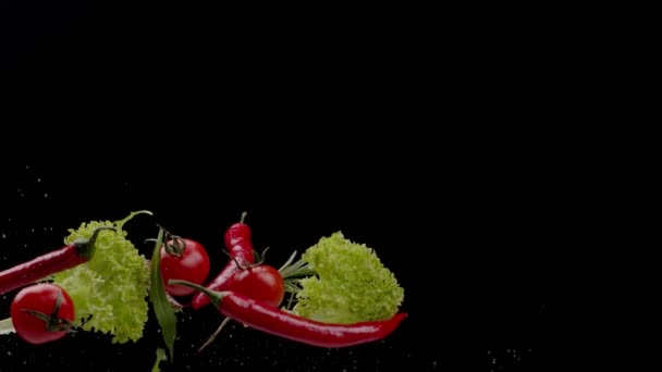 Vegetales Voladores Frescos Sobre Fondo Oscuro — Vídeo de stock