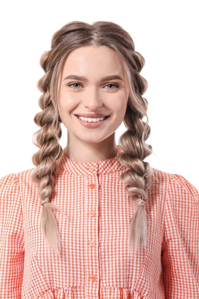 Красива Молода Жінка Плетеним Волоссям Білому Тлі — стокове фото